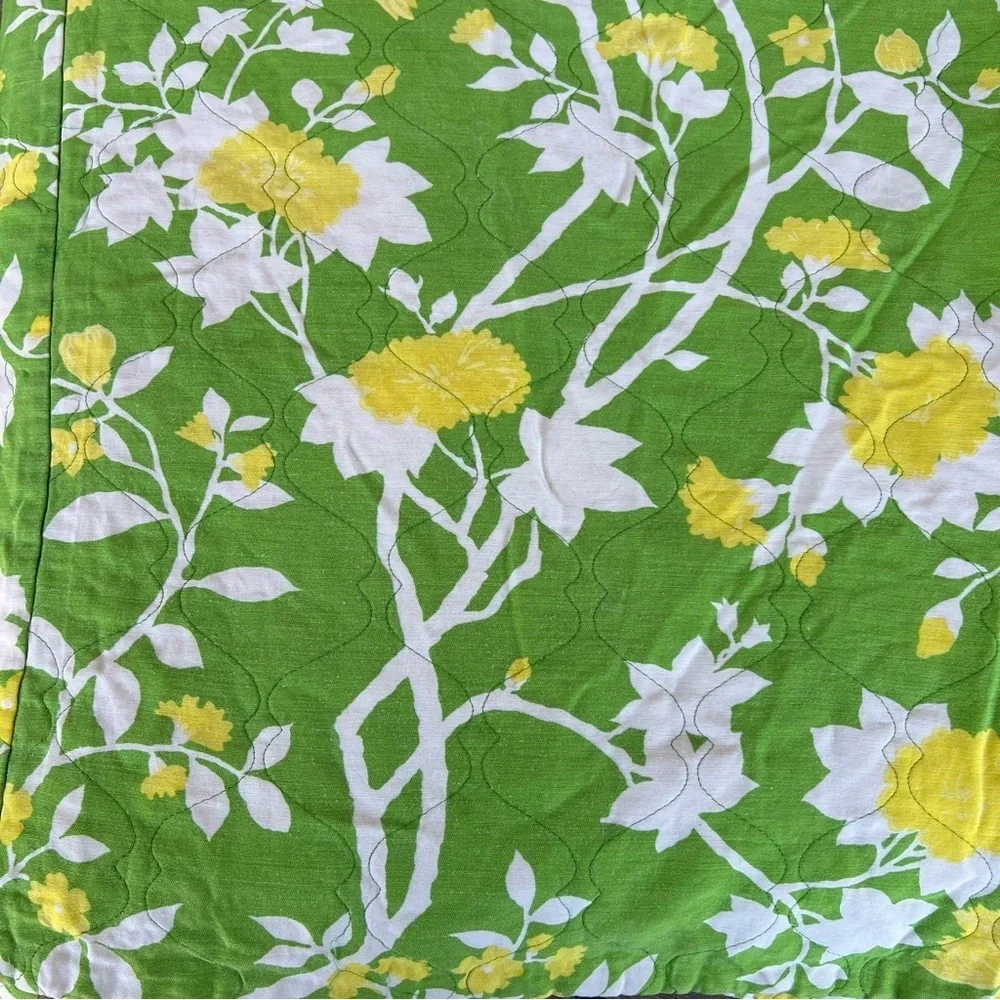 Vintage MCM Quilted Coverlet Bedspread Retro Floral Green Yellow 96x102 GUC
